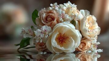 Beautiful floral bouquet featuring peonies and roses arranged artistically on a polished surface photo