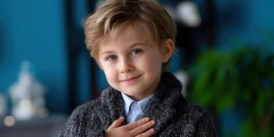 Children's portrait in a cozy indoor setting with a friendly smile and charming expression captured on a bright day photo