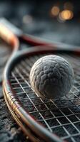Close up of a tennis ball resting on the strings of a racquet with blurred background lights photo