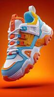 Brightly colored sneaker with unique design floating against an orange background photo