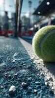 Tennis ball rests on court surface during a sunny day at a tournament, capturing the excitement of the match ahead photo