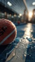 Basketball resting on wet court after rain with sunset in the background photo