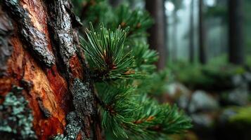 Pine needles glisten with raindrops on a tree trunk in a misty forest environment photo