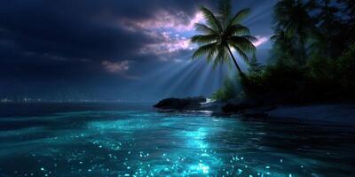 Serene night by the beach with shimmering water and illuminated palm trees under a starlit sky photo