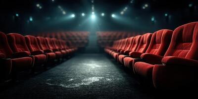 Empty red cinema seats in a dimly lit theater with bright lights overhead photo