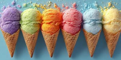 Colorful ice cream cones lined up on a blue surface, showcasing a variety of flavors and textures on a sunny day photo