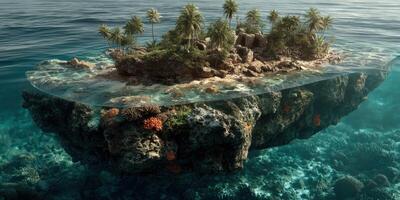 Floating tropical island with lush vegetation and vibrant coral in clear waters photo