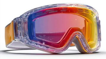 Colorful ski goggles resting on a white surface with a vibrant lens for winter sports enthusiasts photo