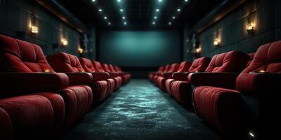 Comfortable red seating in an elegant movie theater, inviting viewers to enjoy a cinematic experience photo