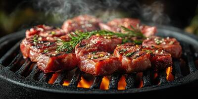 Juicy steak cuts sizzling on a grill with herbs in a backyard cookout setting photo