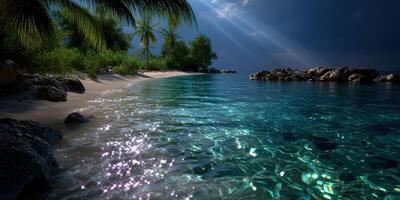 Serene tropical beach at dusk with sparkling water and gentle waves photo