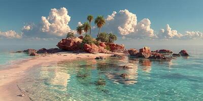 Serene tropical island with crystal clear waters and lush greenery under fluffy clouds at sunrise photo