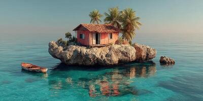 Quaint tropical cabin on rocky island surrounded by turquoise sea under bright sunlight photo