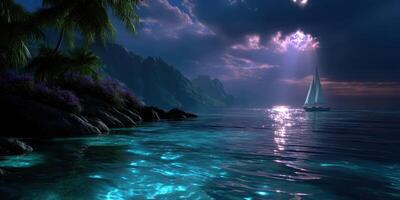 Sailing on tranquil waters at dusk with vibrant colors and serene landscape in a coastal setting photo