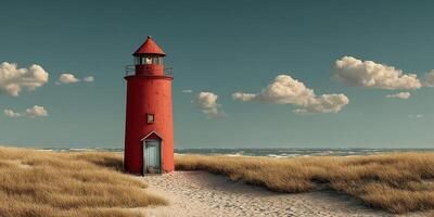 Lighthouse stands tall on sandy shore with gentle waves and fluffy clouds in background during serene afternoon photo