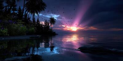 Stunning sunset over calm waters with silhouettes of trees and vibrant colors reflecting on the surface photo