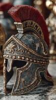Ancient Roman gladiator helmet displayed in a historical collection at a museum photo