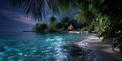 Serene beachfront retreat on a clear night with gentle waves lapping at the shore and a cozy cabin in the background photo