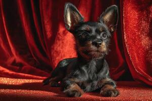 Cute small black and brown dog resting on an elegant red backdrop with sparkling texture during indoor photoshoot photo
