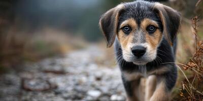 Curious puppy explores a rocky path amidst nature on a cloudy day photo
