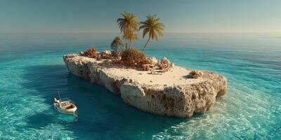 Tropical island oasis with palm trees and a small boat docked in clear blue water during a sunny day photo