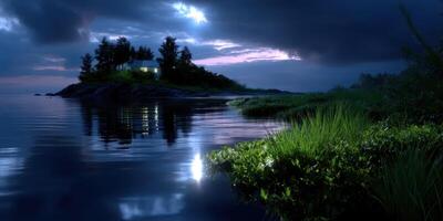Tranquil evening on a secluded island with a glowing cabin surrounded by calm waters and lush vegetation photo