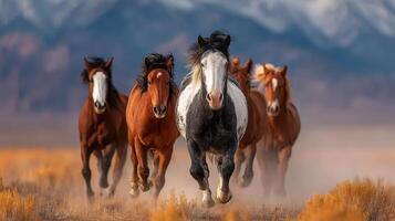 Wild horses galloping through golden grasslands with mountains in the background during a sunny afternoon photo