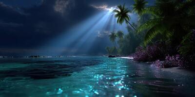 Starlit coastline with palm trees and moonlight illuminating tranquil waters on a serene tropical night photo