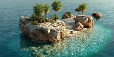 Serene tropical island with lush palms surrounded by crystal clear waters and rocky formations near a tranquil shoreline photo