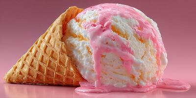 Melting ice cream cone with colorful drips on a pink background evokes summer nostalgia photo