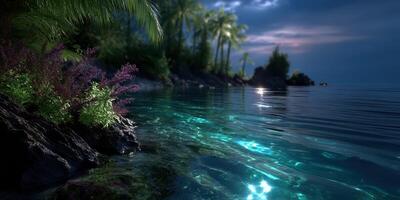 Serene nighttime view of calm water reflecting moonlight in a tropical paradise photo