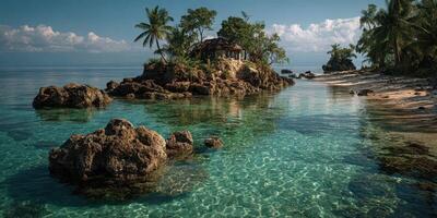 Serenity of a remote island with clear waters and lush palm trees during a sunny day photo