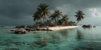 Serene island surrounded by calm waters and cloudy skies in the Caribbean during early morning hours photo