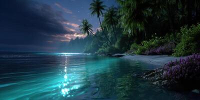 Serene tropical coastline at night with glowing waters and lush palm trees under the stars photo