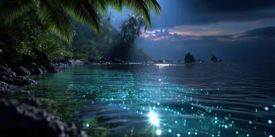 Calm tropical beach with shimmering water under moonlight reflecting on waves photo