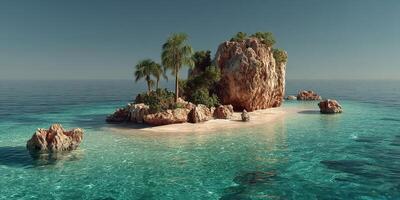 Serene tropical island surrounded by clear turquoise water under a bright sky at midday photo