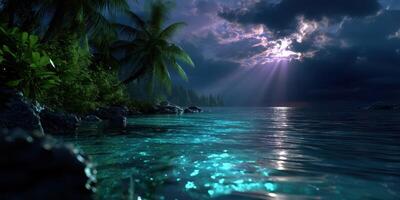 Stunning tropical beach at night illuminated by moonlight and dramatic clouds over the ocean photo