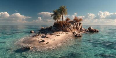 Idyllic tropical island with palm trees surrounded by clear blue ocean under a bright sky and fluffy clouds photo