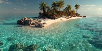 Stunning tropical island with clear turquoise waters and palm trees under a bright sky during daytime photo
