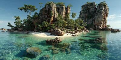 Breathtaking tropical island with lush greenery and clear turquoise waters in a serene coastal setting photo