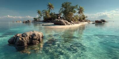 Clear turquoise water surrounds a small tropical island with palm trees and a beach photo