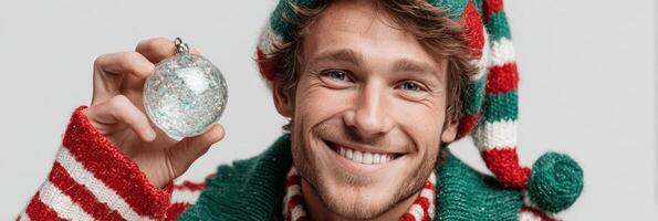 Smiling man in festive elf outfit holding a glass ornament during holiday season celebration photo