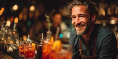 Bartender serves craft cocktails in a dimly lit bar during a lively evening photo