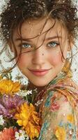 Beautiful young woman holding vibrant flowers while water droplets create a dreamy atmosphere photo