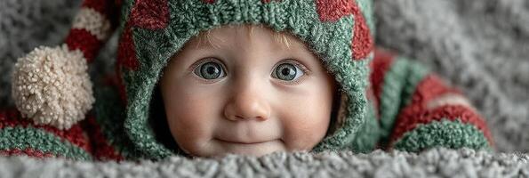 Baby with striking blue eyes wearing a knitted festive outfit poses cutely on soft textured blanket photo