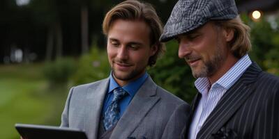 Two men in stylish suits share a moment outdoors, engaged in a discussion while examining a tablet during an evening gathering photo
