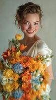 Bridal portrait with vibrant flower bouquet in soft lighting during springtime photo