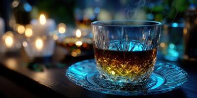 Savoring a drink in a cozy atmosphere with candles and soft lighting at night in a stylish setting photo