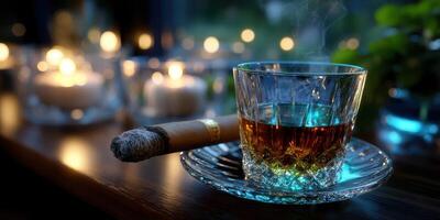 Relaxing evening with whiskey and cigar by candlelight at a cozy bar photo