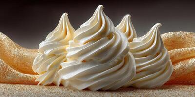 Deliciously smooth creamy swirls of vanilla soft serve ice cream arranged artistically on a golden backdrop photo